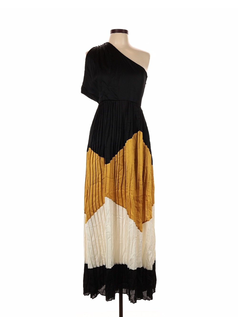 Line & Dot One-Shoulder Maxi Dress in Black, Mustard & Cream